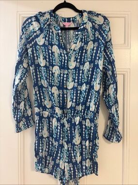 Lilly Pulitzer Navy, White & Aqua Patterned Button-Front Romper